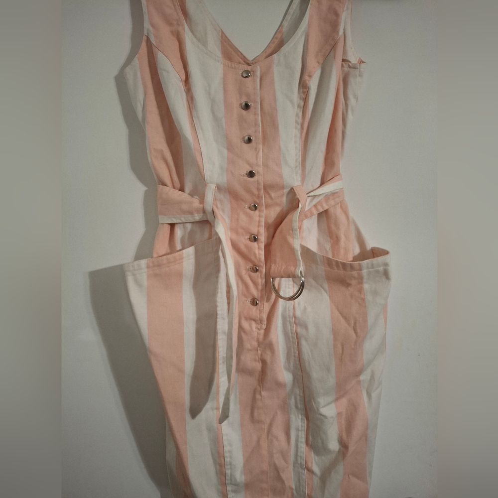 Striped Button Front Sleeveless Dress with Belt - Picture 2 of 8